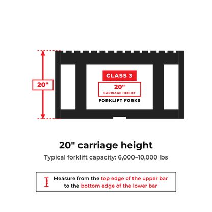 Class 3 forklift forks fit a 20 inch ITA carriage. Measure from the top edge of the upper bar to the bottom edge of the lower bar. Typical forklift capacity 6,000 to 10,000 lbs.